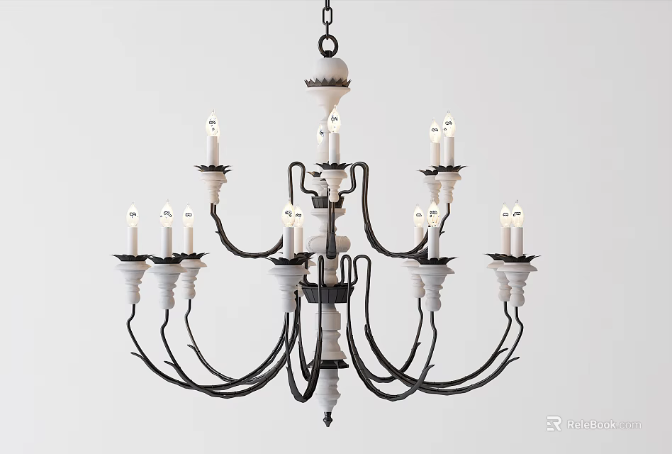 Vintage Classic Chandelier With Candle Style Multiple Arms Black White Design 3d model 