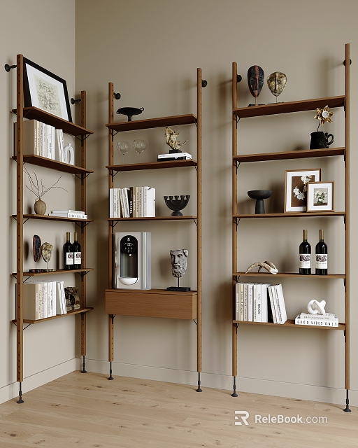 Wooden Bookcase With Multi Tiered Shelves Holding Books Statues Photo Frames And Decorative Items 3d model 