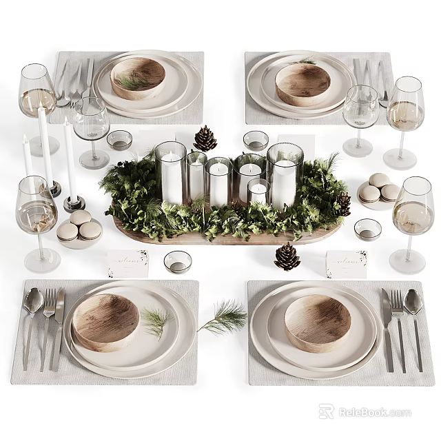 Elegant Tableware Set With Greenery Candles And Pinecones 3d model 
