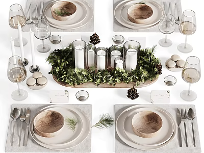 Elegant Tableware Set With Greenery Candles And Pinecones 3d model