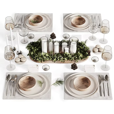 Elegant Tableware Set With Greenery Candles And Pinecones 3d model