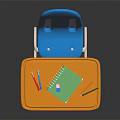 Kids Study Desk with Blue Chair and Orange Tabletop Including Green Notebook and Colored Pencils