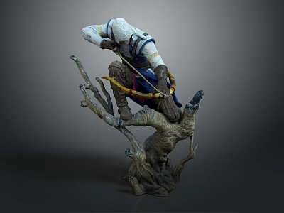 Detailed Game Character Model Crouching On Tree Branch With White Hooded Outfit Bow And Arrow 3d model