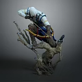 Detailed Game Character Model Crouching On Tree Branch With White Hooded Outfit Bow And Arrow