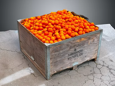 Abundant Fresh Orange Fruits in a Wooden Crate on Cracked Concrete Surface 3d model