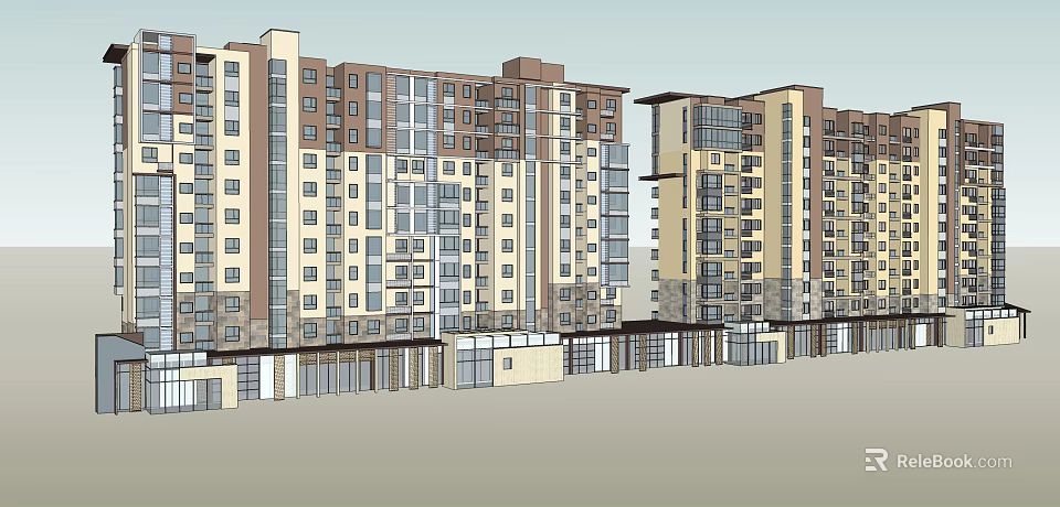 Modern Multi story Apartment Buildings With Beige Brown Facades Balconies And Ground Floor Shops 3d model 