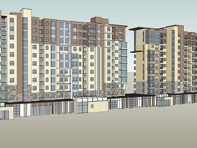 Modern Multi story Apartment Buildings With Beige Brown Facades Balconies And Ground Floor Shops 3d model