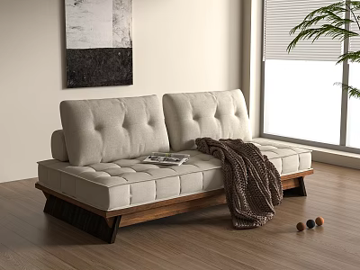 Beige Button Tufted Two-Seater Sofa With Brown Knit Blanket Wooden Floor And Natural Light 3d model