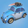 Blue And White Volkswagen Beetle With Roof Rack Luggage And Surfboard