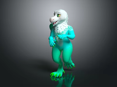 3D Fantasy Creature Standing Pose With White Fur Turquoise Body Green Claws And Yellow Eyes 3d model