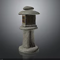 Traditional Stone Lantern With Round Top Lattice Windows And Pedestal Base