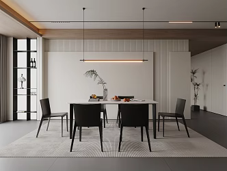 Modern restaurant dining table and chair long chandelier green plant curtain magnetic lamp carpet book ornaments 3d model