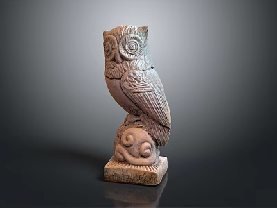 Hand Carved Stone Owl Sculpture With Intricate Feather Patterns And Decorative Base 3d model