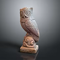 Hand Carved Stone Owl Sculpture With Intricate Feather Patterns And Decorative Base