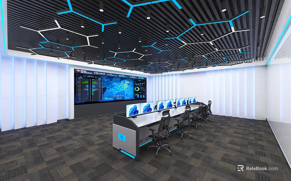 Modern Monitoring Room With Large Data Display Screen Multiple Workstations And Blue Geometric Ceiling 3d model 