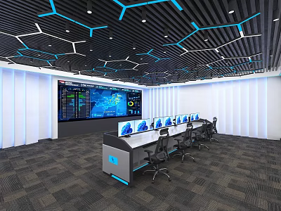Modern Monitoring Room With Large Data Display Screen Multiple Workstations And Blue Geometric Ceiling 3d model