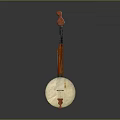 Traditional Banjo Musical Instrument with Wooden Body and Red Accents