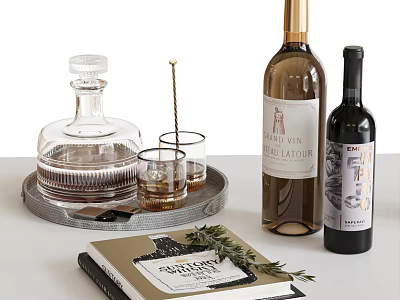 Wine Bottles And Glasses With Decanter On Tray And Notebook With Rosemary 3d model
