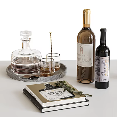 Wine Bottles And Glasses With Decanter On Tray And Notebook With Rosemary 3d model