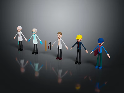 3D Cartoon Characters Featuring White Coated Scientists Yellow Hard Hat Worker And Blue Hat Backpacker 3d model