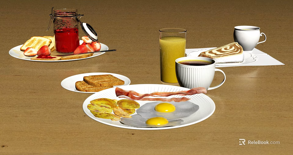 Delicious Breakfast Spread With Fried Eggs Bacon Toast Orange Juice Coffee Strawberries And Jam 3d model 