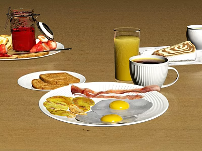 Delicious Breakfast Spread With Fried Eggs Bacon Toast Orange Juice Coffee Strawberries And Jam 3d model