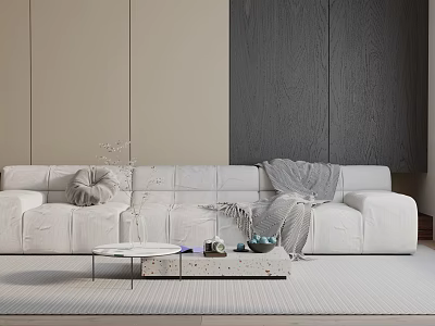Minimalist White Three Seater Sofa In Living Room With Coffee Table Throw Pillows And Blanket 3d model
