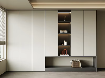 Modern Light Gray Wardrobe Design With Multiple Doors Open Shelves Folded Towels And Decorative Items 3d model