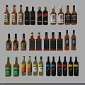 Various Wine Bottles and Glasses with Different Colors Label Designs Arranged in Rows 3d model