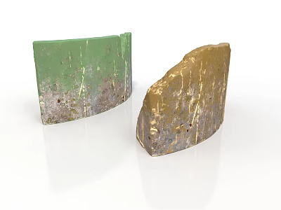 Two Curved Wooden Stone Objects With Green And Gold Textured Surfaces 3d model