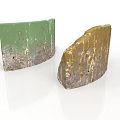 Two Curved Wooden Stone Objects With Green And Gold Textured Surfaces
