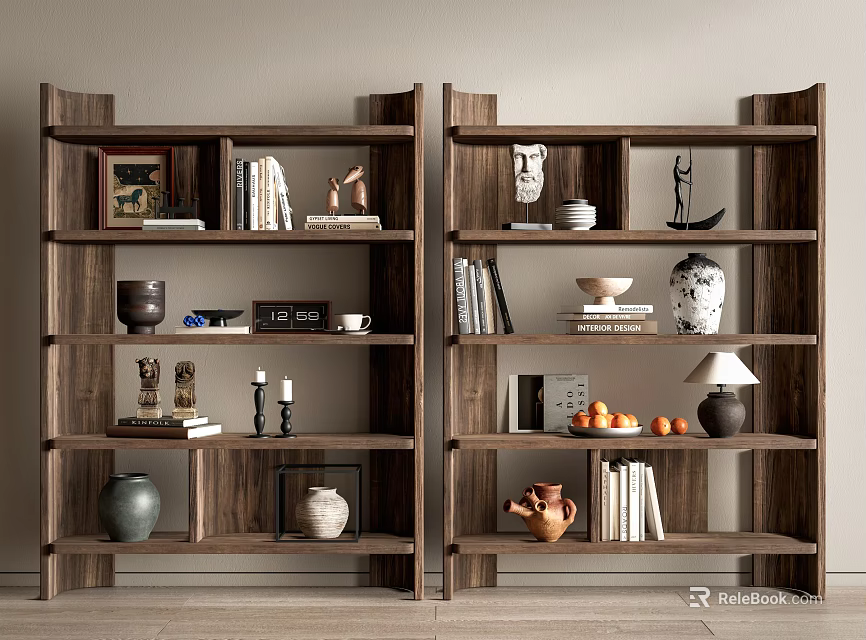 Double Wooden Shelving Units with Books Decorative Items and Fruits for Storage 3d model 