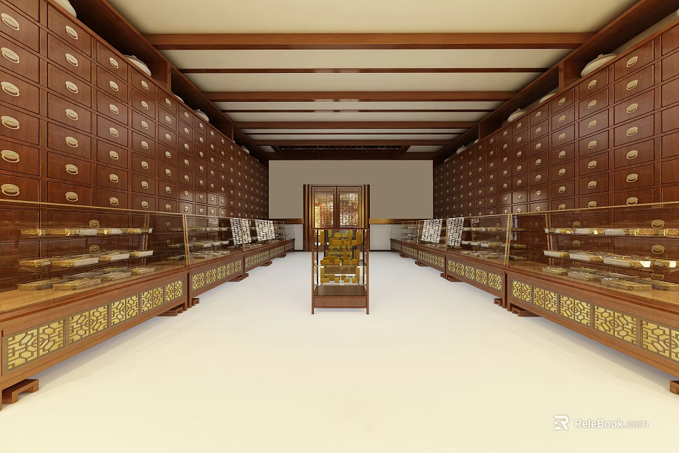 Traditional Chinese Medicine Pharmacy Interior With Wooden Herbal Medicine Cabinets And Glass Display Cases 3d model 
