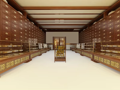 Traditional Chinese Medicine Pharmacy Interior With Wooden Herbal Medicine Cabinets And Glass Display Cases 3d model