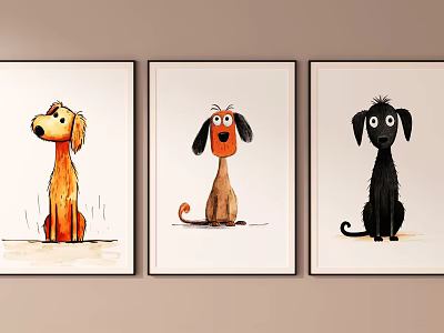 Framed Animal Paintings of Three Different Colored Dogs as Wall Art Decor 3d model