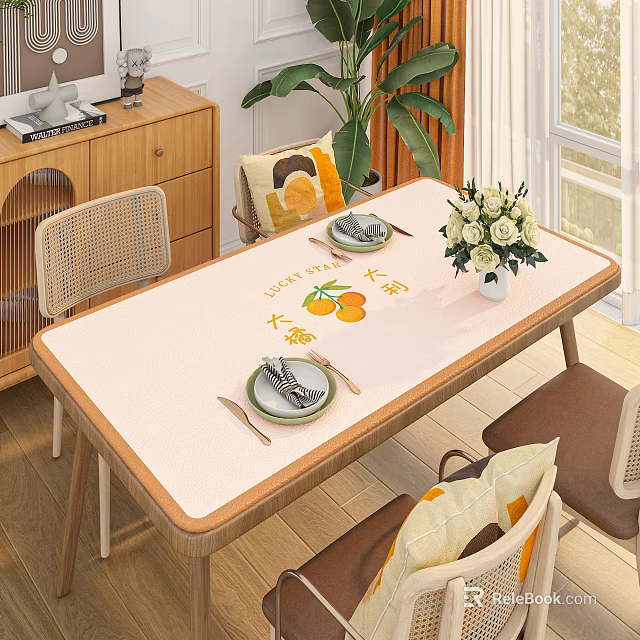 Dining Table Set With Orange Pattern Tablecloth Tableware And White Flower Vase 3d model 