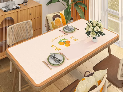 Dining Table Set With Orange Pattern Tablecloth Tableware And White Flower Vase 3d model