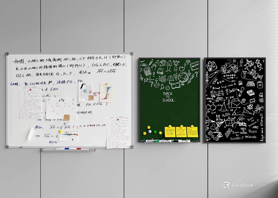 Wall with Whiteboard Greenboard and Blackboard Covered in Notes Charts and Drawings 3d model 