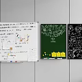 Wall with Whiteboard Greenboard and Blackboard Covered in Notes Charts and Drawings