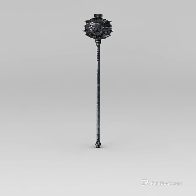 Fantasy Black Spiked Metal Mace With Long Shaft And Intricate Head Design 3d model 