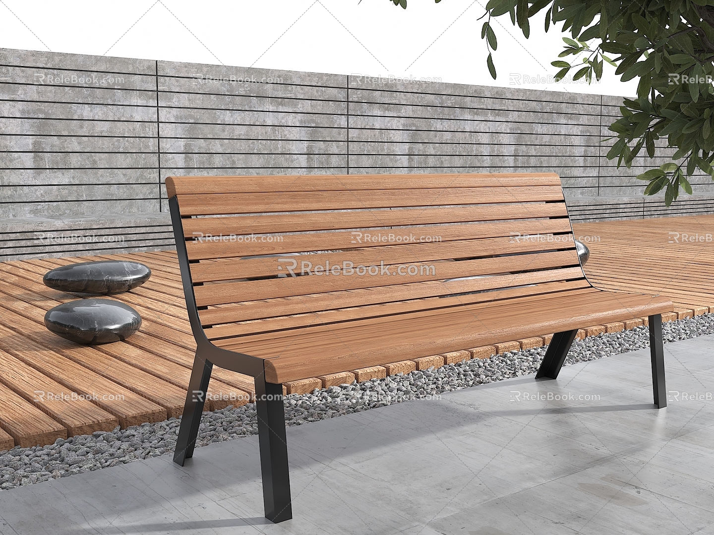 Outdoor Landscape Seat Solid Wood Seat Park Bench Pebble Bench Rest Wooden Platform Stone Bench 3d model