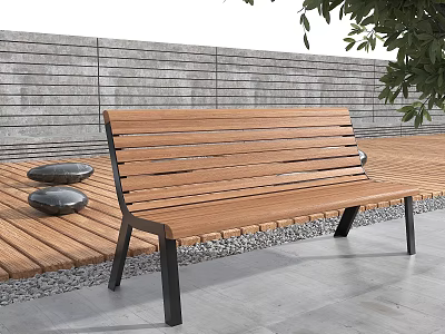 Wooden Outdoor Bench With Black Metal Legs On Deck By Gray Stone Wall And Greenery 3d model