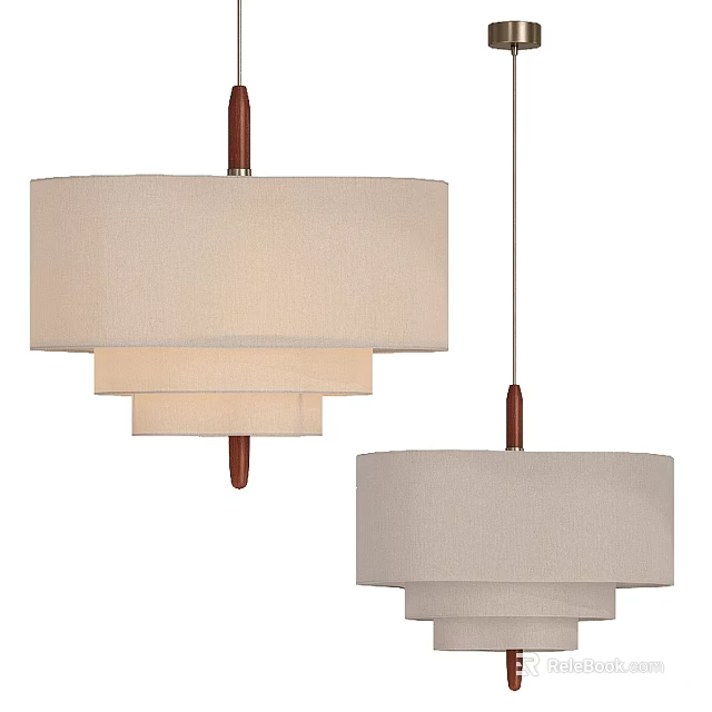 Contemporary Beige Fabric Pendant Lights With Wooden Rod And Layered Structure 3d model 