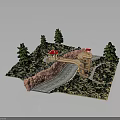 Architectural Model Featuring Curved Road Pedestrian Bridge Stone Walls And Red Canopies