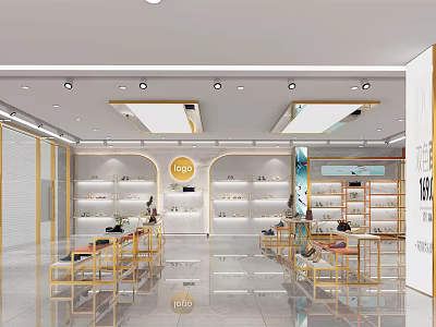 Modern Bright Boutique Interior With Golden Frame Display Shelves And Soft Lighting 3d model