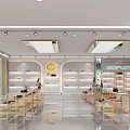Modern Bright Boutique Interior With Golden Frame Display Shelves And Soft Lighting