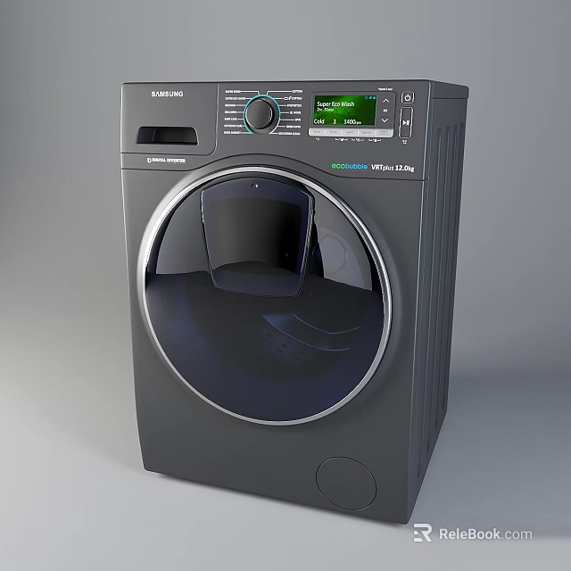 Samsung Black Front Load Washing Machine With AddWash EcoBubble And Digital 3d model 