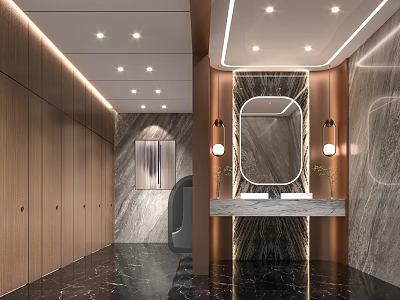 Modern Public Restroom Interior Design With Marble Counter Mirror Lighting And Wooden Panels 3d model