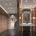 Modern Public Restroom Interior Design With Marble Counter Mirror Lighting And Wooden Panels