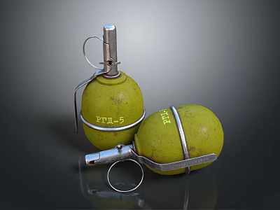 Two Yellow Hand Grenade Weapon With F1 RGD5 Models Metal Safety Pin And Fuse 3d model